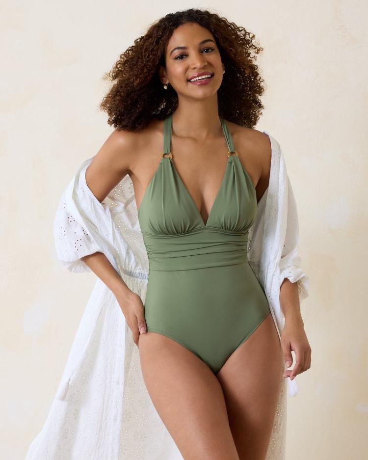 Women One-Piece Suits | Tommy Bahama Paradise Fronds V-Neck One-Piece Swimsuit Tea Leaf