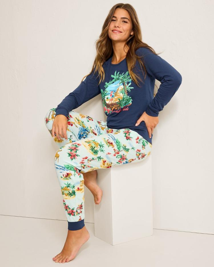 Women Sleepwear | Tommy Bahama Holiday Santa Long Sleeve &amp; Pants Pajama Set Aqua Ice