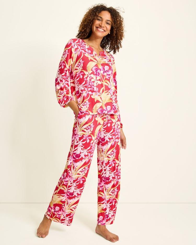 Women Sleepwear | Tommy Bahama Jersey Split-Neck Long Sleeve &amp; Pants Pajama Set Fuchsia Red
