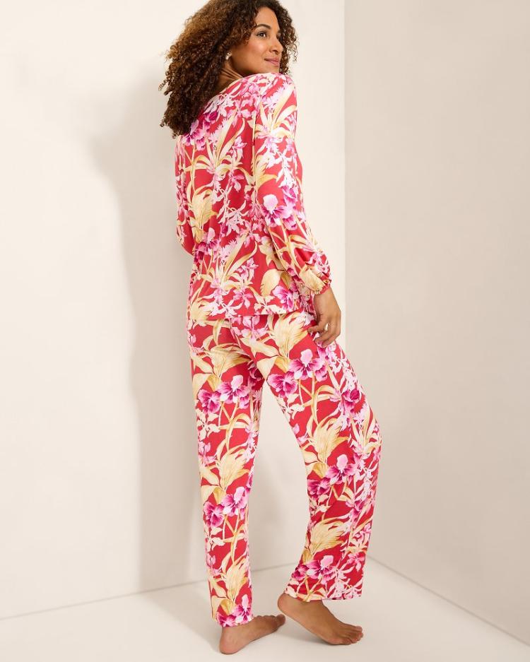 Women Sleepwear | Tommy Bahama Jersey Split-Neck Long Sleeve &amp; Pants Pajama Set Fuchsia Red
