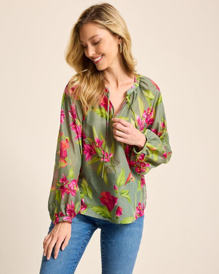Women Tops &amp; Shirts | Tommy Bahama Agua Amara Lavish Blooms Peasant Top Tea Leaf
