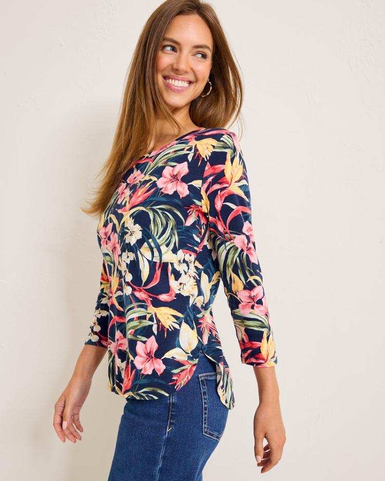 Women Tops &amp; Shirts | Tommy Bahama Ashby Isles Flora Amora 3/4-Sleeve T-Shirt Island Navy