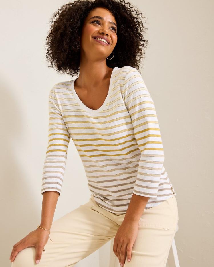 Women Tops &amp; Shirts | Tommy Bahama Ashby Isles Horizon Stripe 3/4-Sleeve T-Shirt Travertine