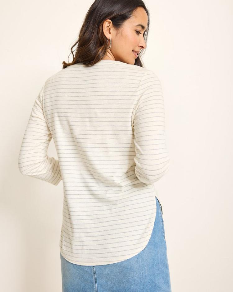 Women Tops &amp; Shirts | Tommy Bahama Ashby Isles Metallic Stripe 3/4-Sleeve T-Shirt Coconut