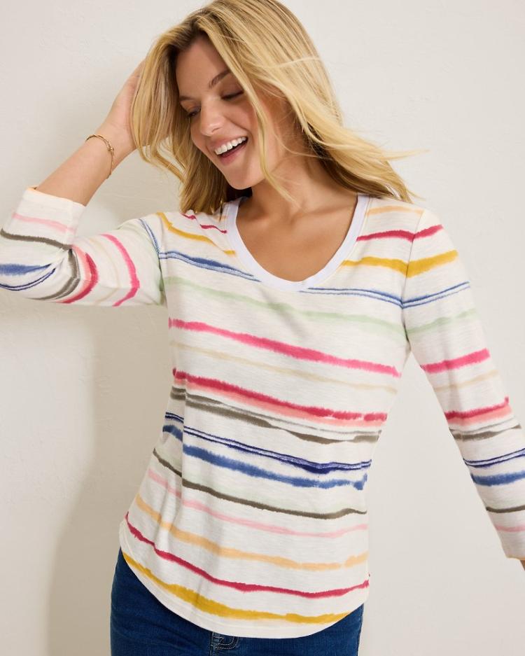 Women Tops &amp; Shirts | Tommy Bahama Ashby Isles Sealight Stripe 3/4-Sleeve T-Shirt Coconut