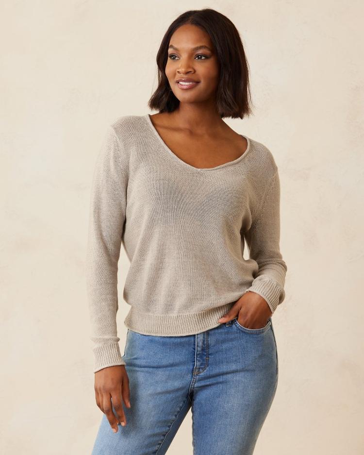 Women Tops &amp; Shirts | Tommy Bahama Cedar Linen Long-Sleeve V-Neck Sweater Natural