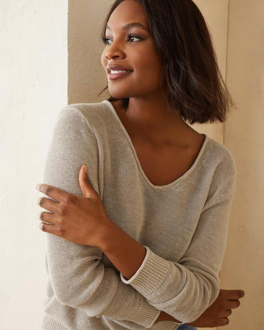 Women Tops &amp; Shirts | Tommy Bahama Cedar Linen Long-Sleeve V-Neck Sweater Natural