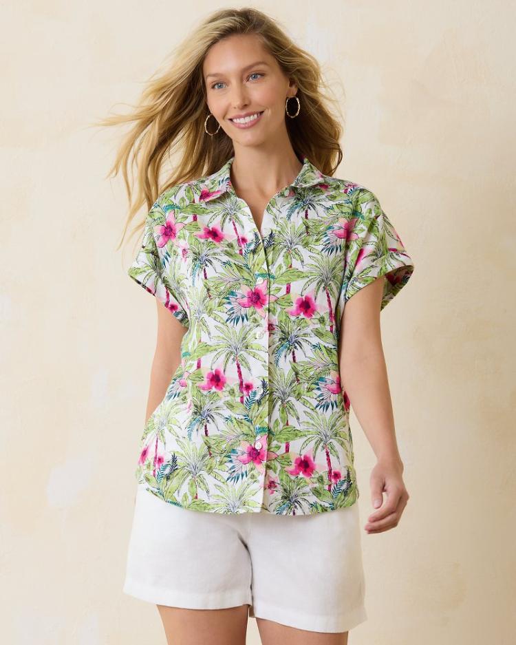 Women Tops &amp; Shirts | Tommy Bahama Coastalina Coastal Palms Linen Camp Shirt White