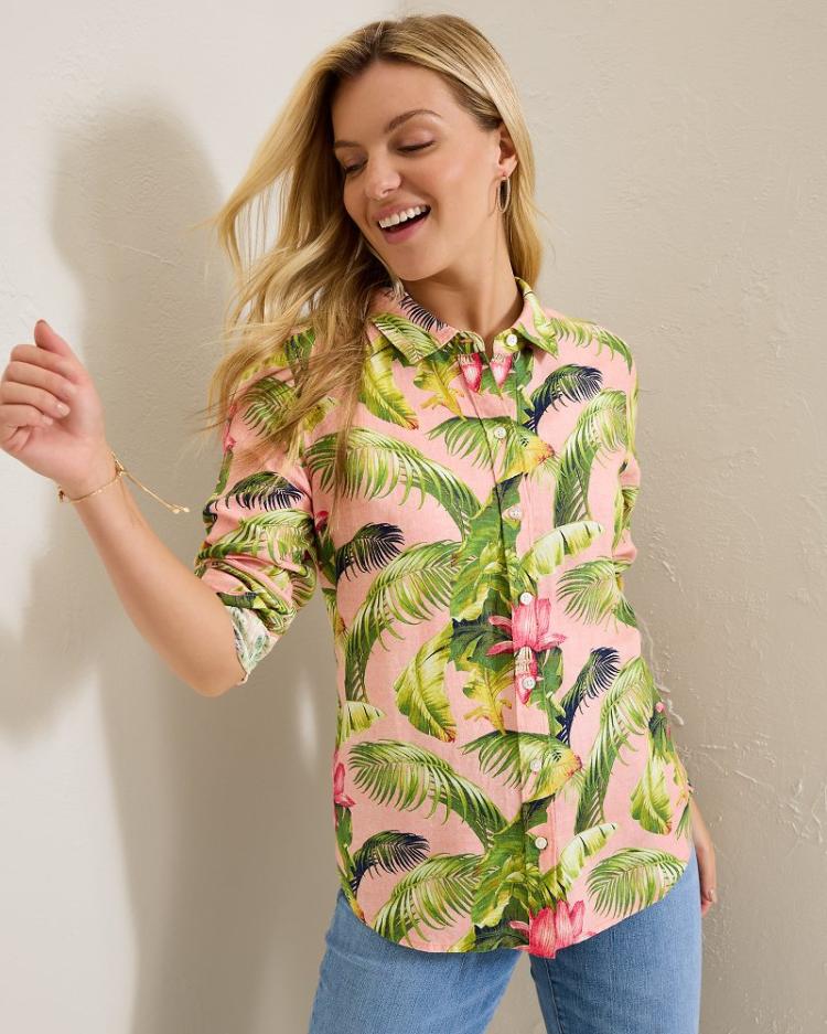 Women Tops &amp; Shirts | Tommy Bahama Coastalina Frond Royal Linen Shirt Coral Haze