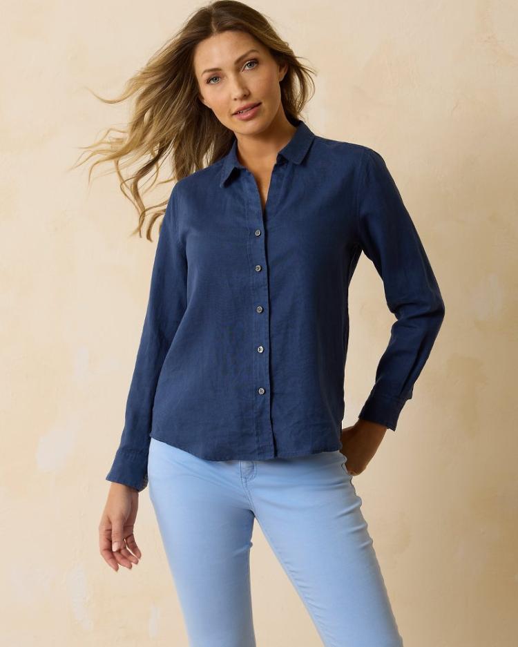 Women Tops &amp; Shirts | Tommy Bahama Coastalina Linen Long-Sleeve Shirt Island Navy