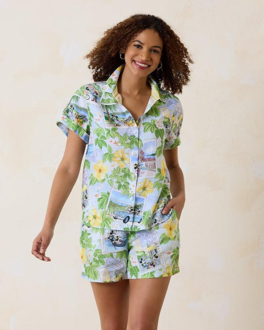 Women Tops &amp; Shirts | Tommy Bahama Disney Coastalina Postcard To Paradise Linen Camp Shirt Continental