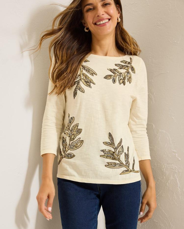 Women Tops &amp; Shirts | Tommy Bahama Forever Fronds Embellished Lux 3/4-Sleeve T-Shirt Coconut