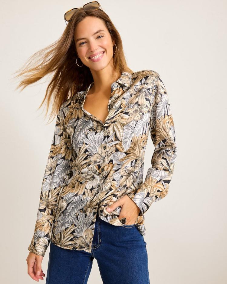 Women Tops &amp; Shirts | Tommy Bahama Grand Canal Long-Sleeve Silk Shirt Black