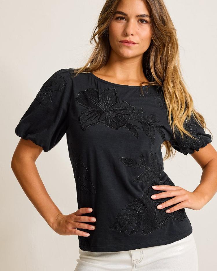 Women Tops &amp; Shirts | Tommy Bahama Heritage Hibiscus Puff-Sleeve Lux T-Shirt Black