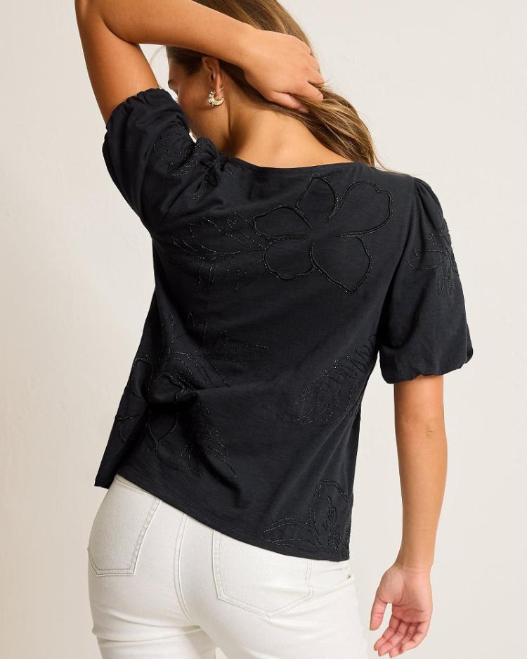 Women Tops &amp; Shirts | Tommy Bahama Heritage Hibiscus Puff-Sleeve Lux T-Shirt Black
