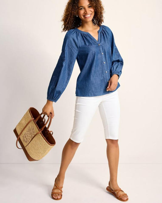 Women Tops &amp; Shirts | Tommy Bahama Indigo Cove Embroidered Blouse Dark Sky Wash