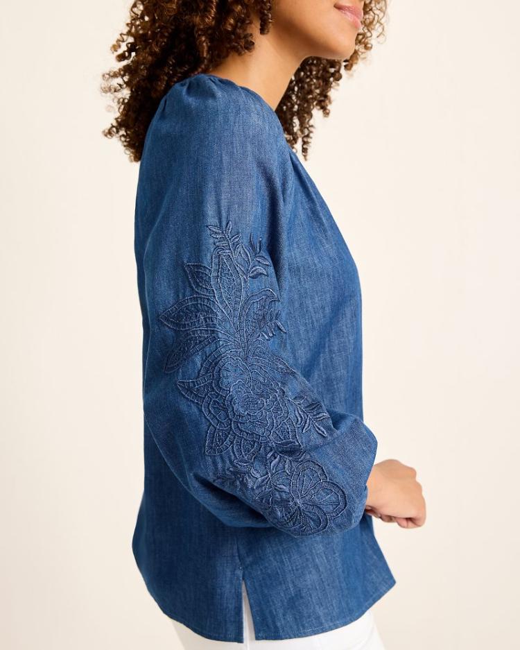 Women Tops &amp; Shirts | Tommy Bahama Indigo Cove Embroidered Blouse Dark Sky Wash