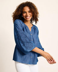 Women Tops &amp; Shirts | Tommy Bahama Indigo Cove Embroidered Blouse Dark Sky Wash