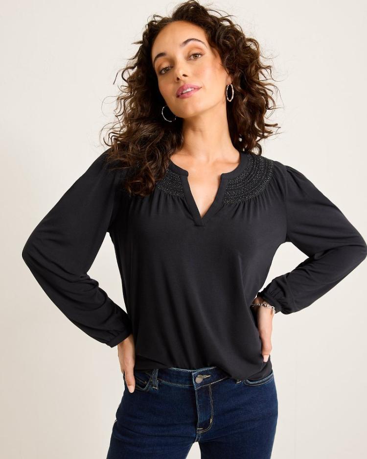 Women Tops &amp; Shirts | Tommy Bahama Kauai Long-Sleeve Smocked Top Black