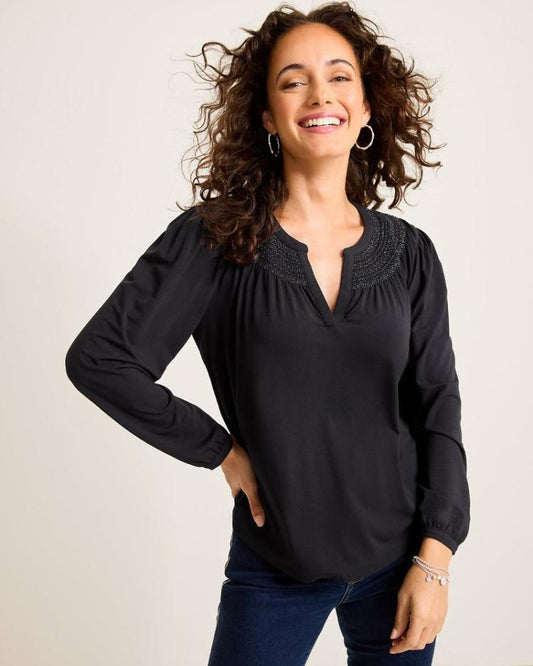 Women Tops &amp; Shirts | Tommy Bahama Kauai Long-Sleeve Smocked Top Black