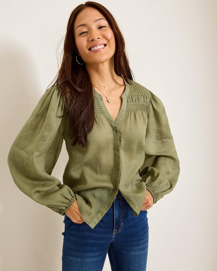 Women Tops &amp; Shirts | Tommy Bahama Palm Breeze Pintuck Blouse Tea Leaf