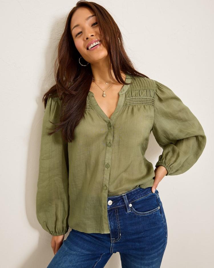 Women Tops &amp; Shirts | Tommy Bahama Palm Breeze Pintuck Blouse Tea Leaf
