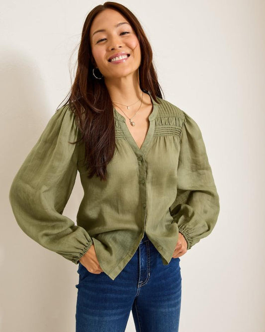 Women Tops &amp; Shirts | Tommy Bahama Palm Breeze Pintuck Blouse Tea Leaf