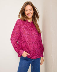 Women Tops &amp; Shirts | Tommy Bahama Seaside Ikat Long-Sleeve Ruffle-Neck Top Pink Papaya