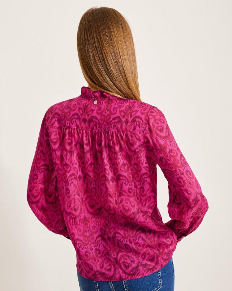 Women Tops &amp; Shirts | Tommy Bahama Seaside Ikat Long-Sleeve Ruffle-Neck Top Pink Papaya