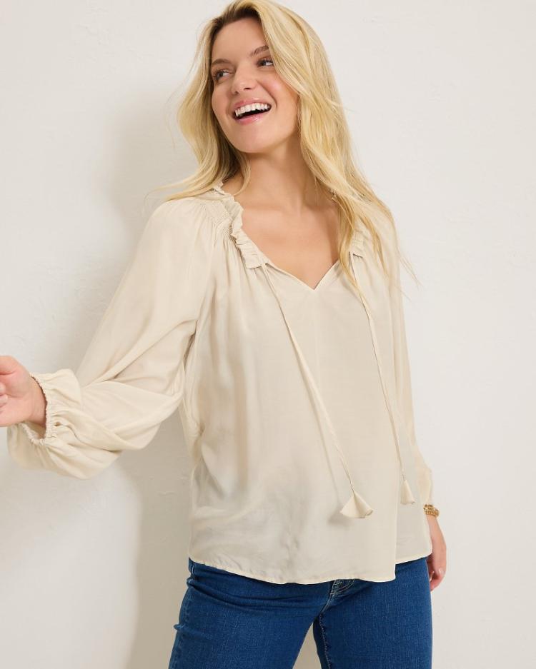 Women Tops &amp; Shirts | Tommy Bahama Silky Seas Smocked Peasant Top Cameo